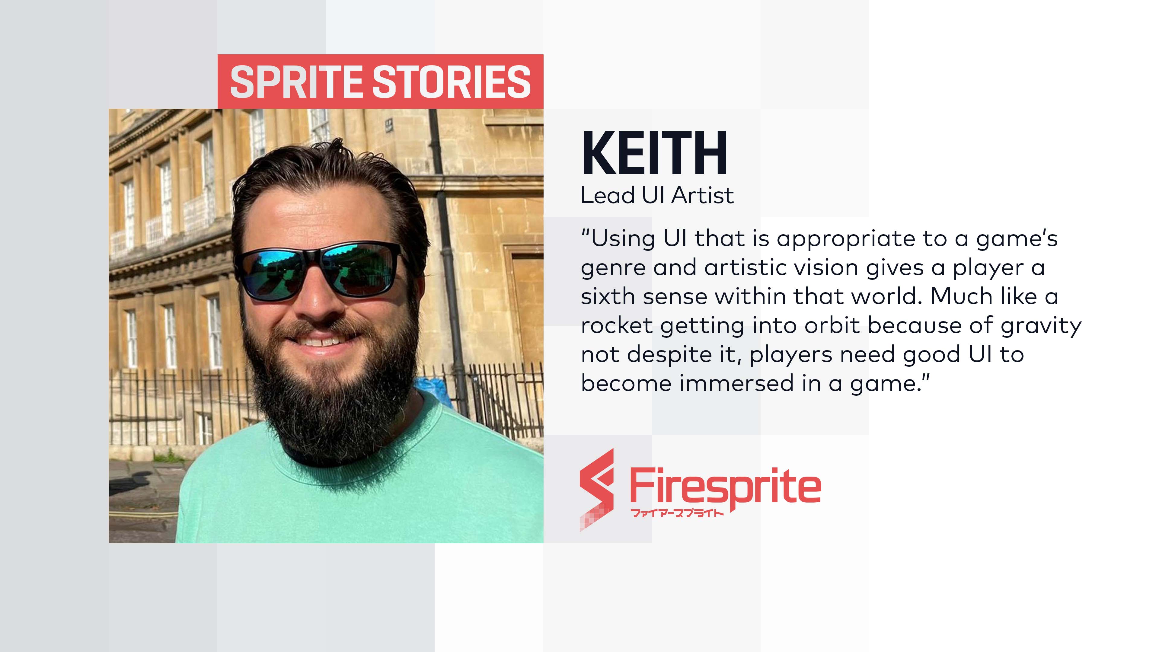 Person smiling at camera for portrait photo to share their games industry story. Person’s photos sits left of a white and grey pixel backdrop which displays name, role and the Firesprite logo in red and an article pull quote in black text.